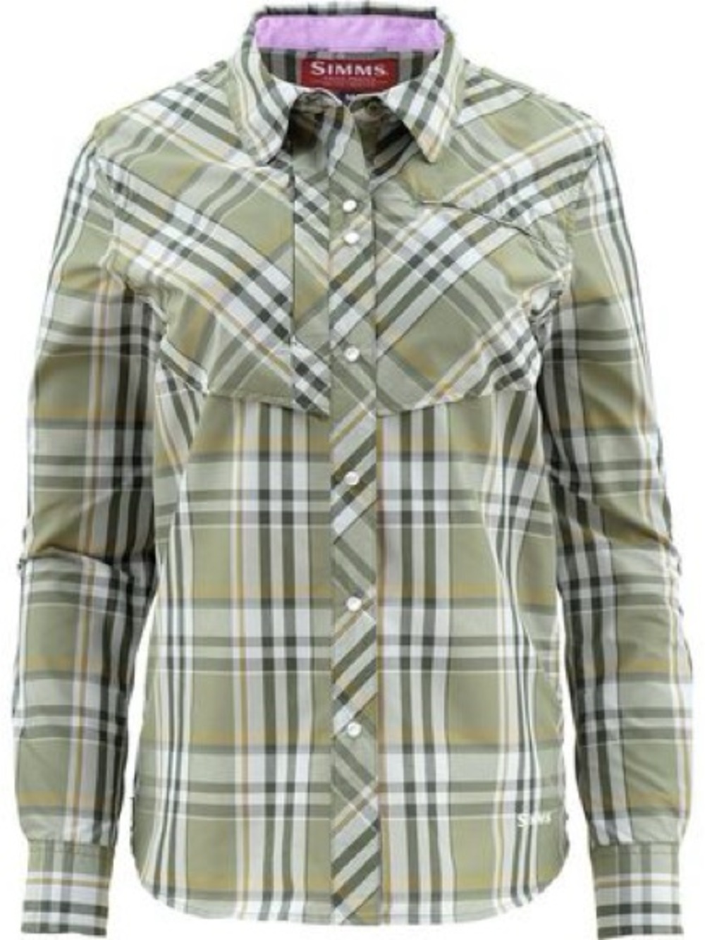 Simms Olive and Cream, pink  Plaid fishing Snap-Front Shirt